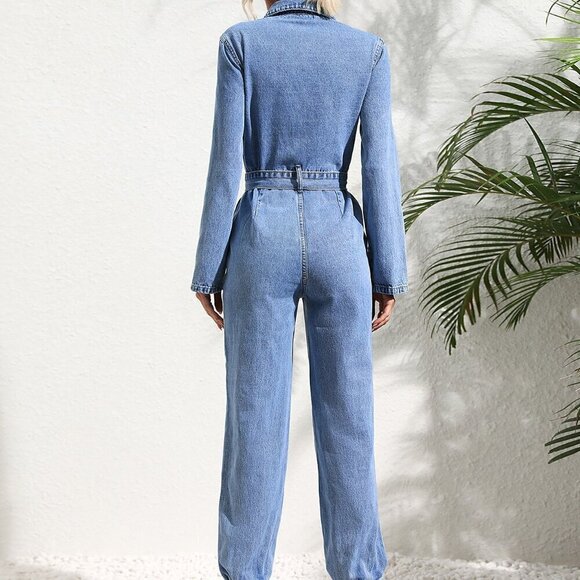 Medium Wash Casual Women's Flap Pocket Belted Denim Jumpsuit - Picture 2 of 6
